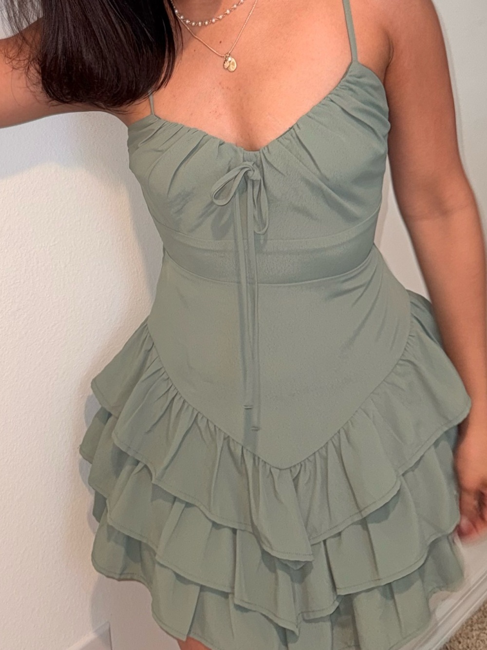 Olive Green Ruffle Mini Dress - Women's
